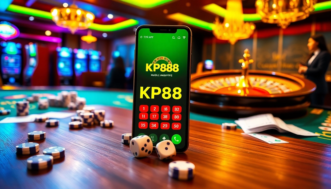 Experience the excitement of the kp88 app with a vibrant casino scene featuring poker chips and roulette.