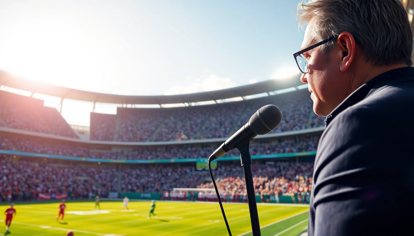 Engaging scene of Sports Broadcasting with a commentator and excited fans in a vibrant stadium.