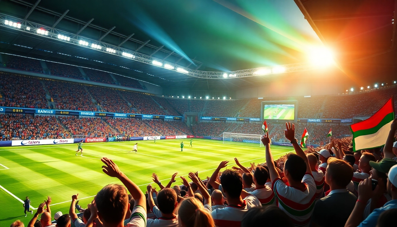 Dynamic football match scene representing the spirit of joemadfan.com, showcasing fans celebrating live sports.