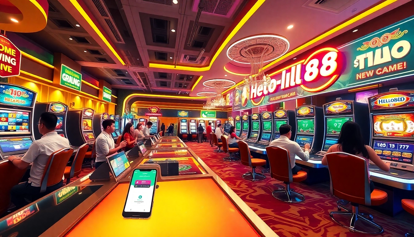 Hello88win.live lively online casino scene with players and slot machines, showcasing excitement
