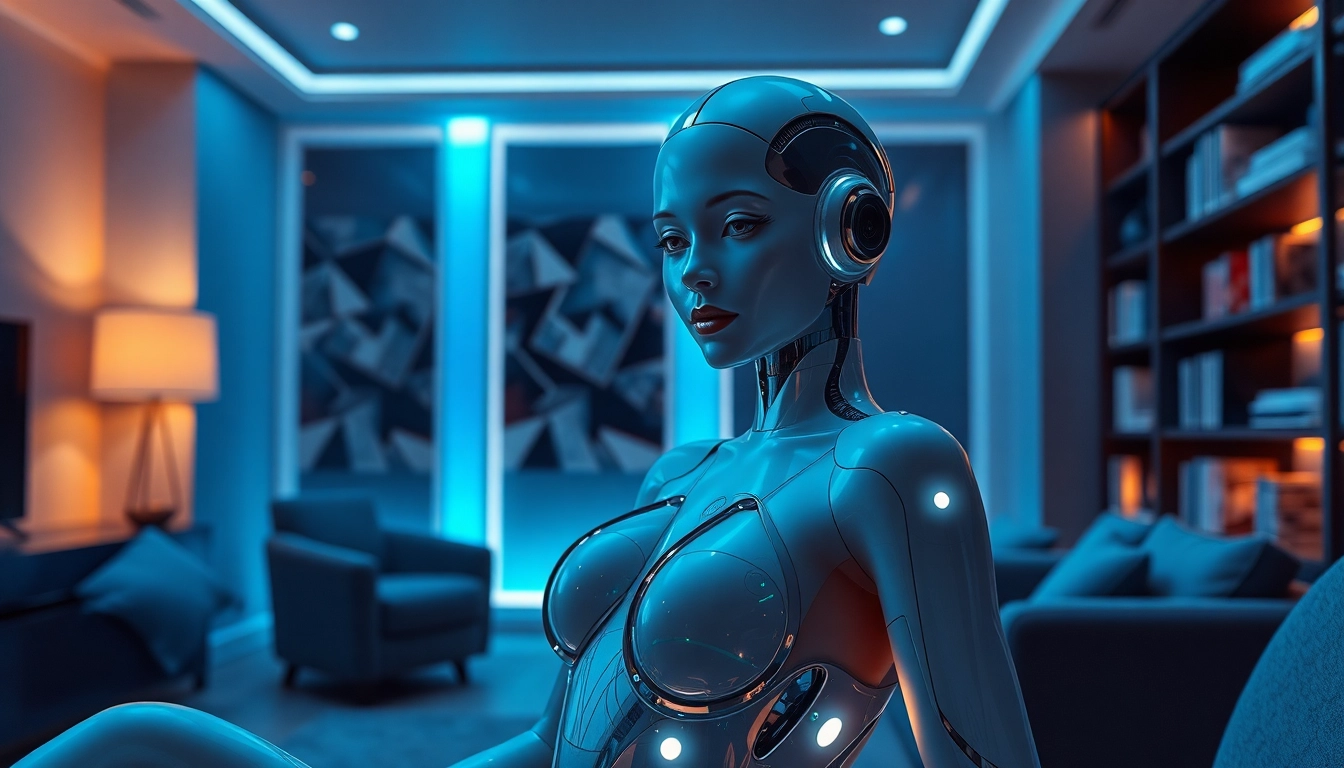 Human-like sex bot with glowing AI features in an inviting modern room.