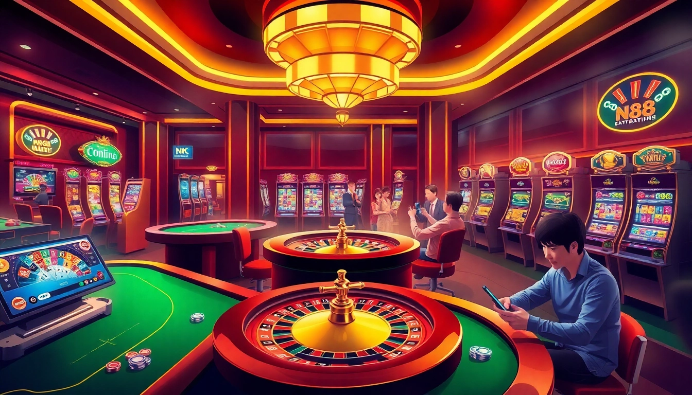 Experience the thrill of gambling at NK88.com with vibrant casino elements and excited players.