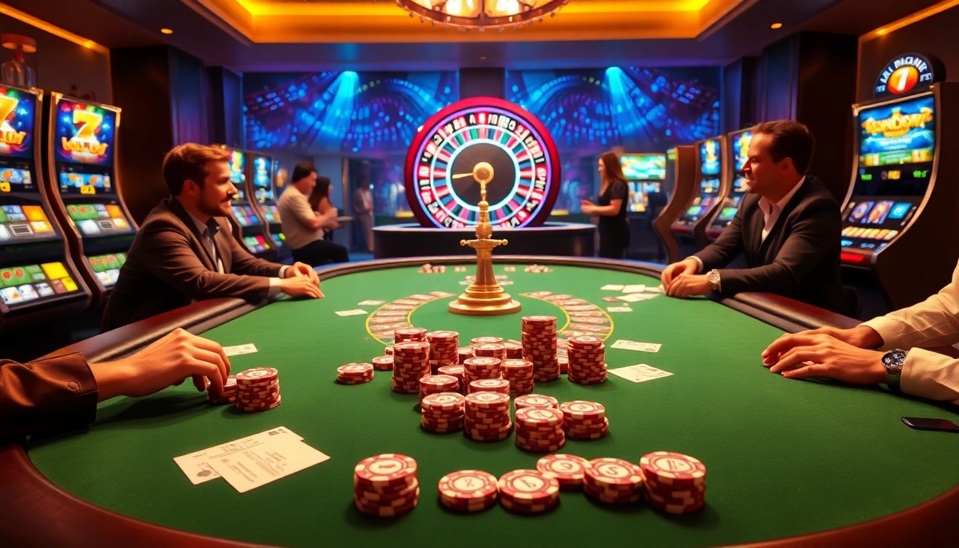 Exciting casino atmosphere at fun79 com with colorful slot machines and poker action.