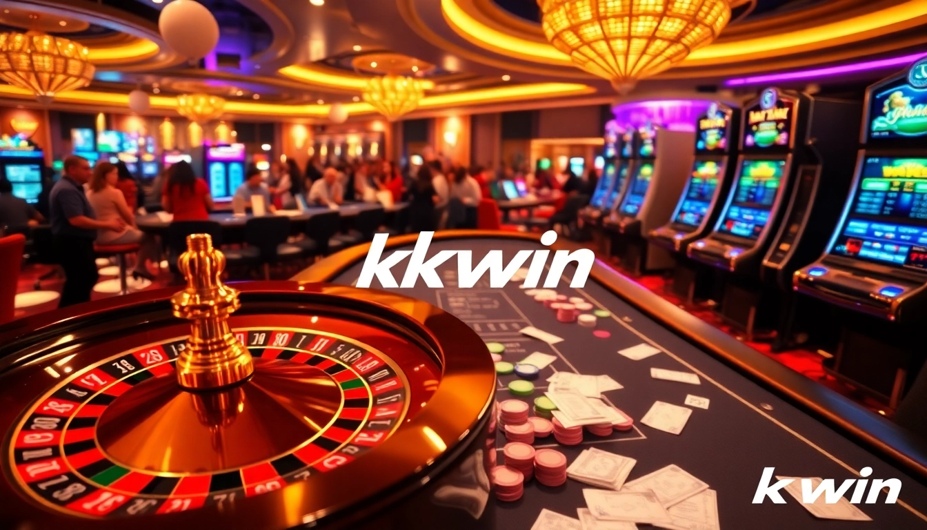 Experience thrilling gameplay at kkwin's vibrant casino scene with roulette and poker tables.