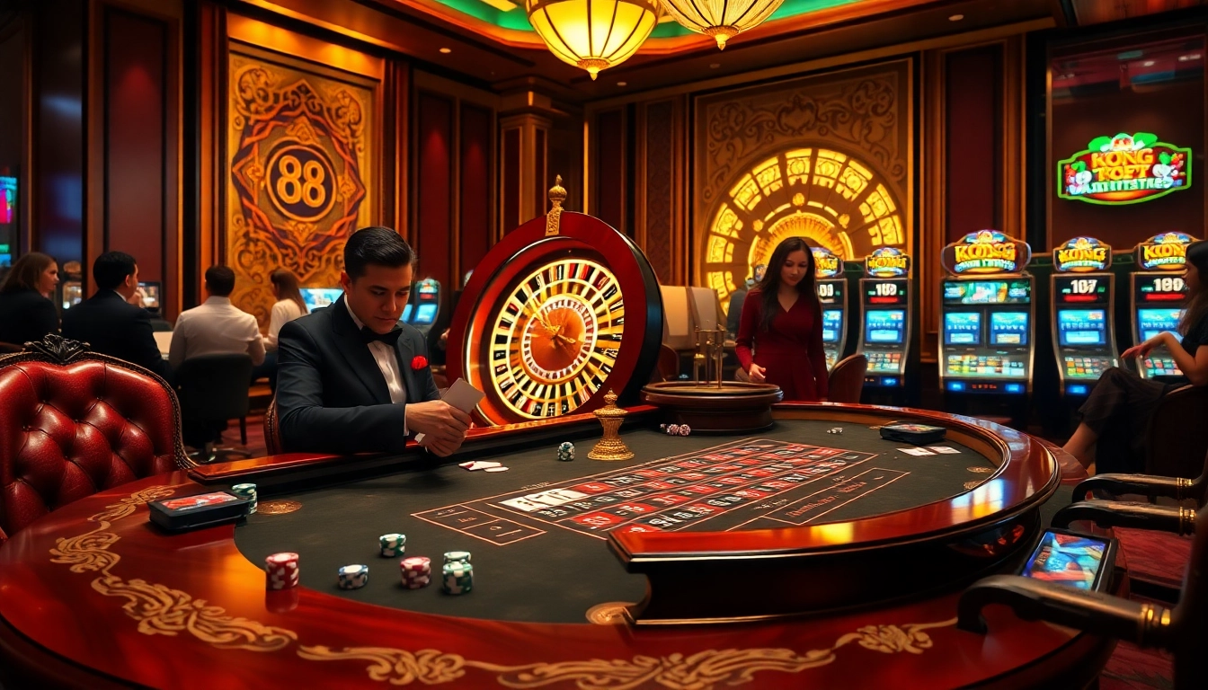 KONG 88 enthusiasts rolling dice and placing bets at an opulent casino table.