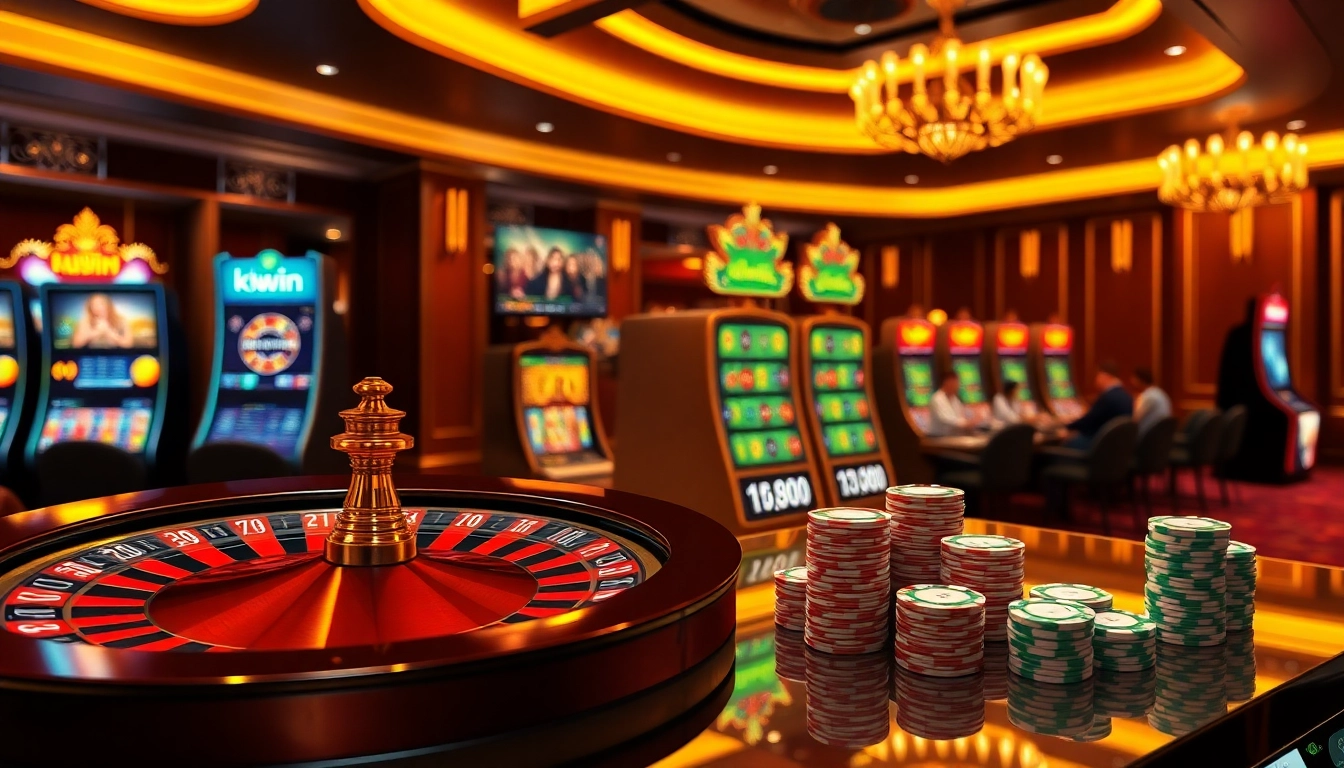 Experience the excitement of kkwin with vibrant slot machines and an elegant roulette wheel.