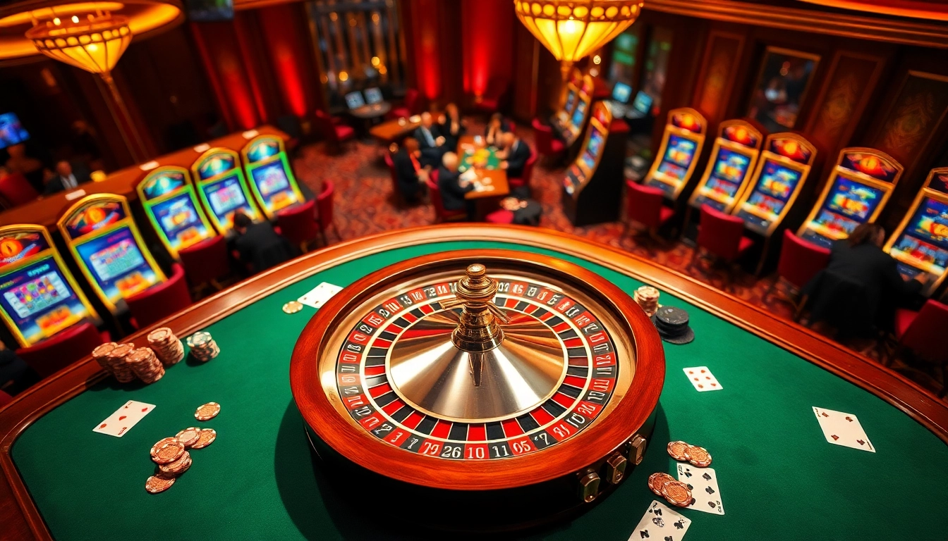 Engaging scene of roulette and poker at an upscale casino, highlighting https://uu88.institute/ for gamers.