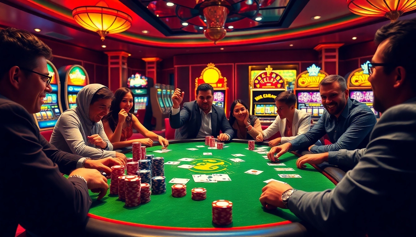 Players engaged in a high-stakes poker game at Nhà cái 789win, showcasing vibrant casino action.