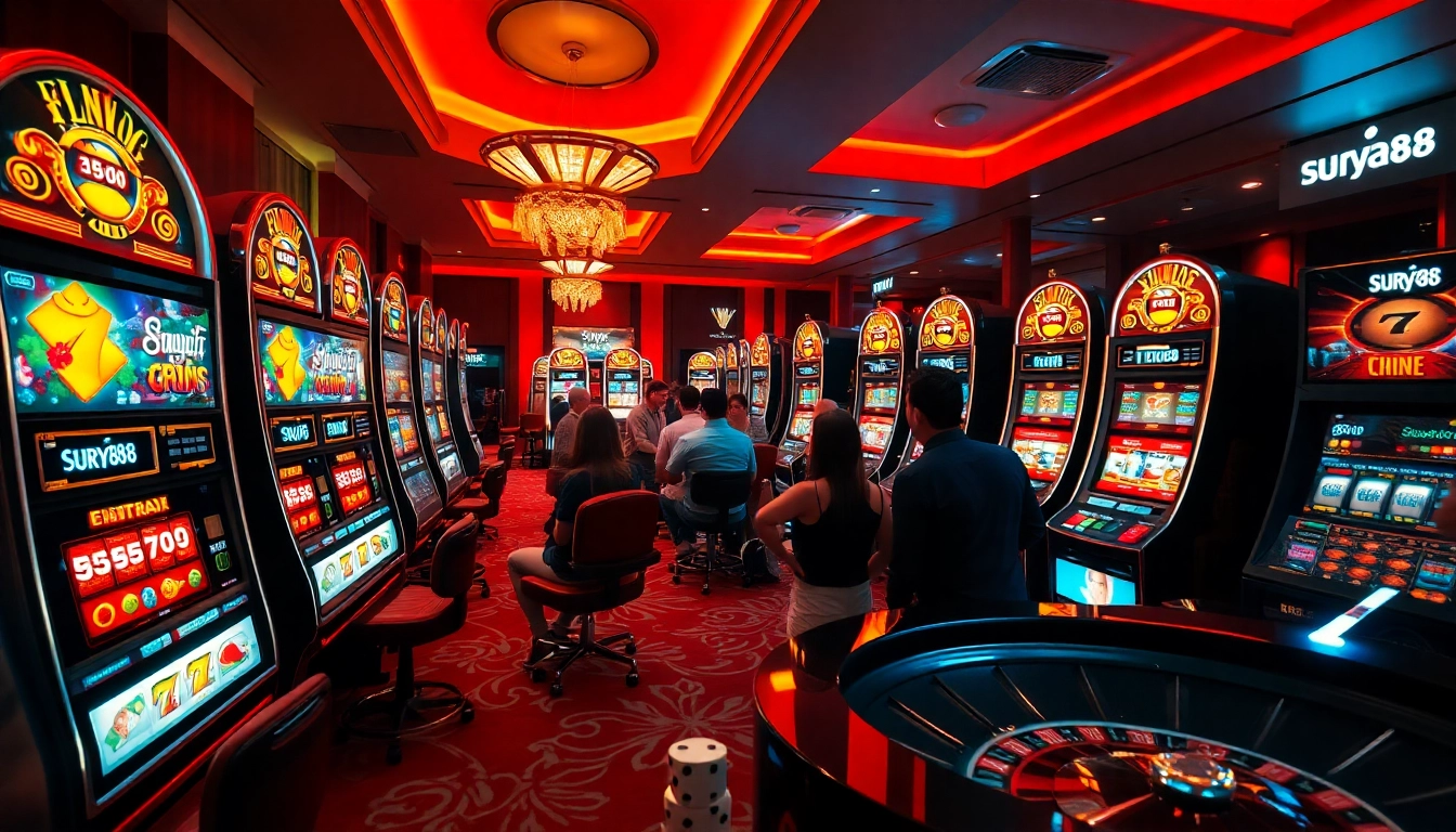 Pemain menikmati kegembiraan mesin slot surya88 di pengaturan kasino mewah.