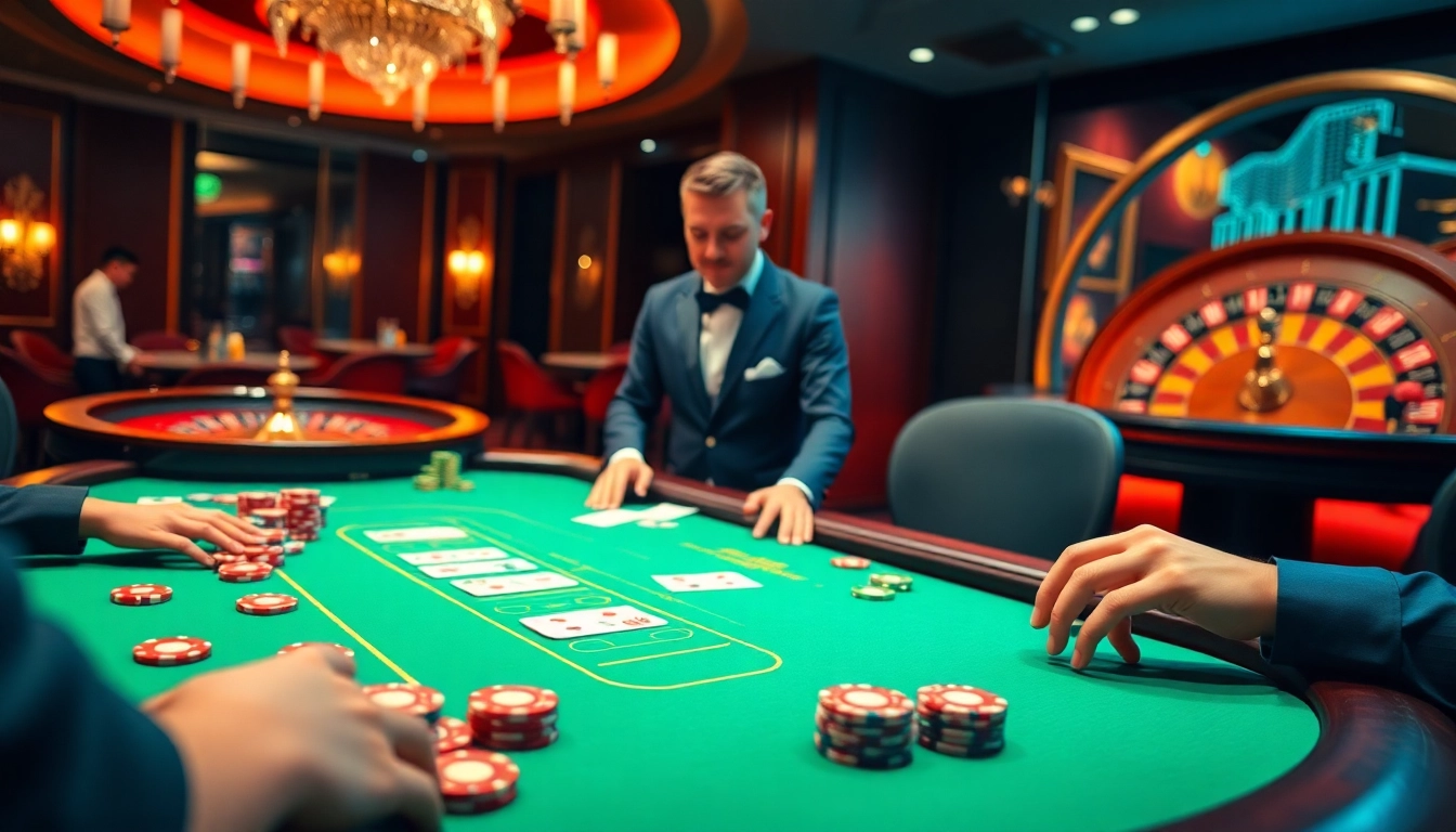 Enjoy a thrilling game at BL555 with vibrant poker chips and a professional dealer in an elegant setting.