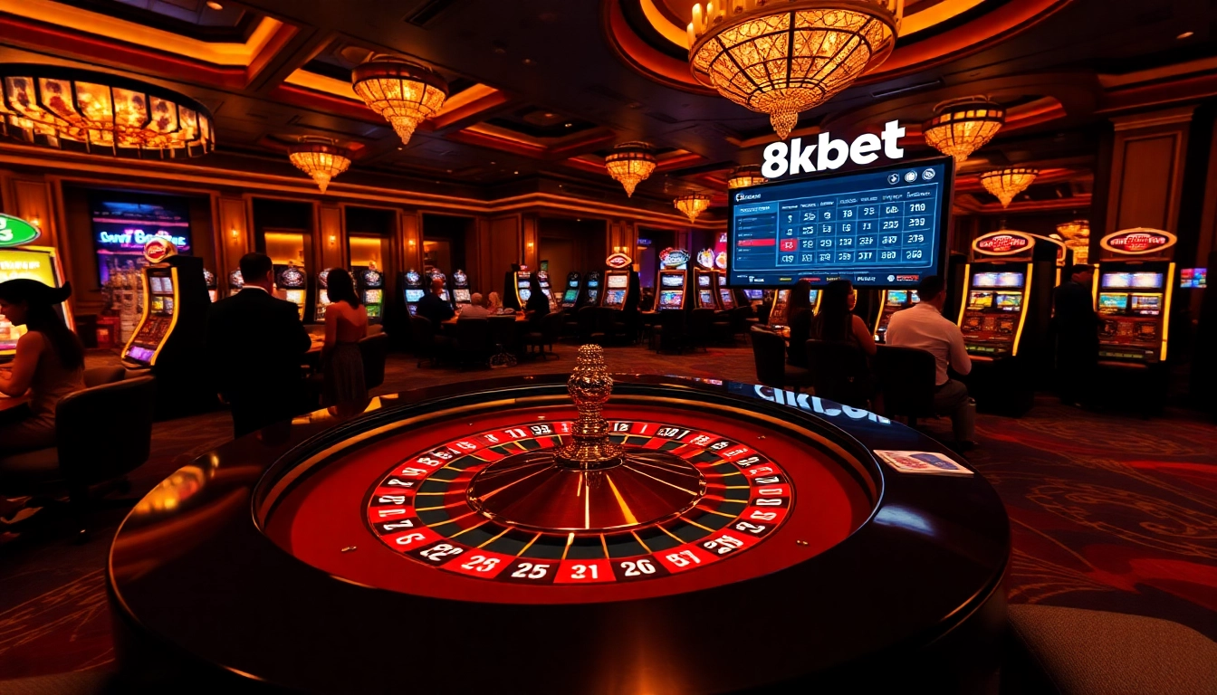 Engaging scene of luxury gambling showcasing 8kbet with roulette and chips.