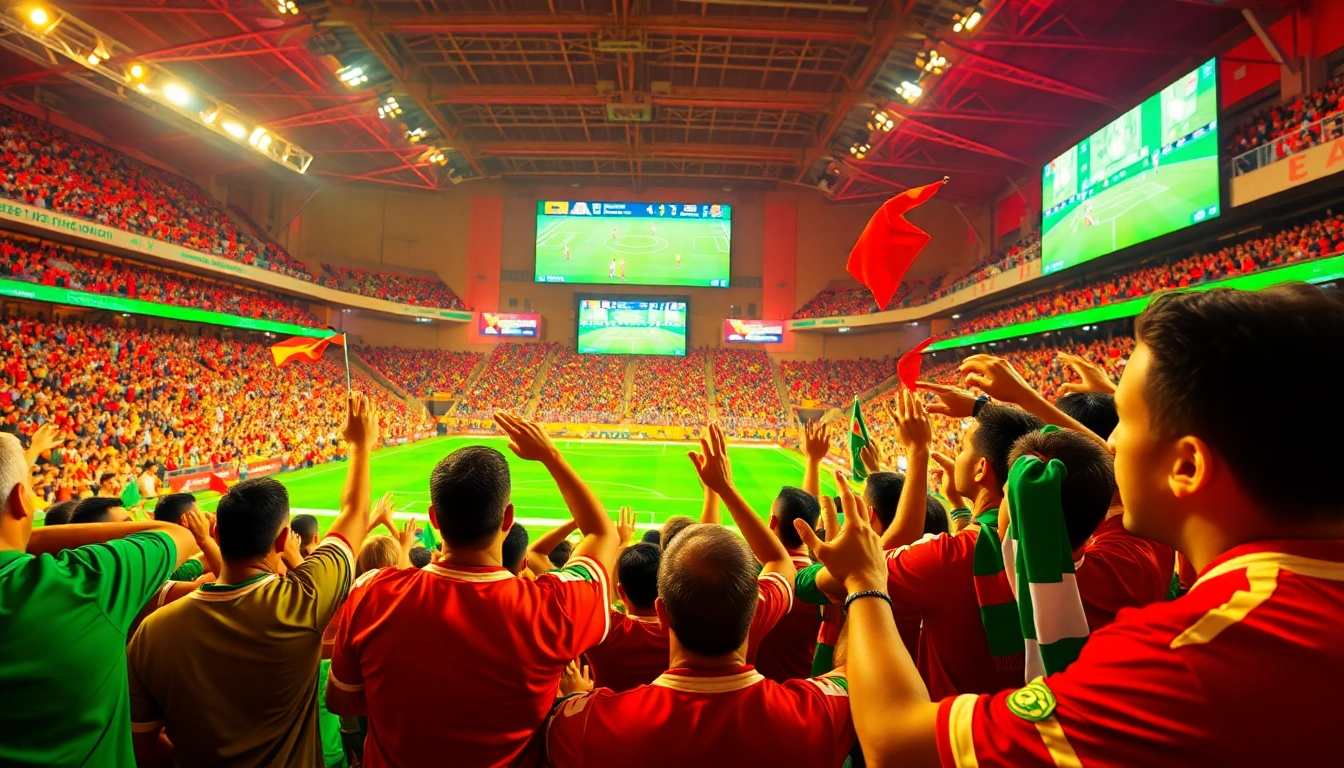 Excited fans watching LuongSon TV live football match in a vibrant stadium.