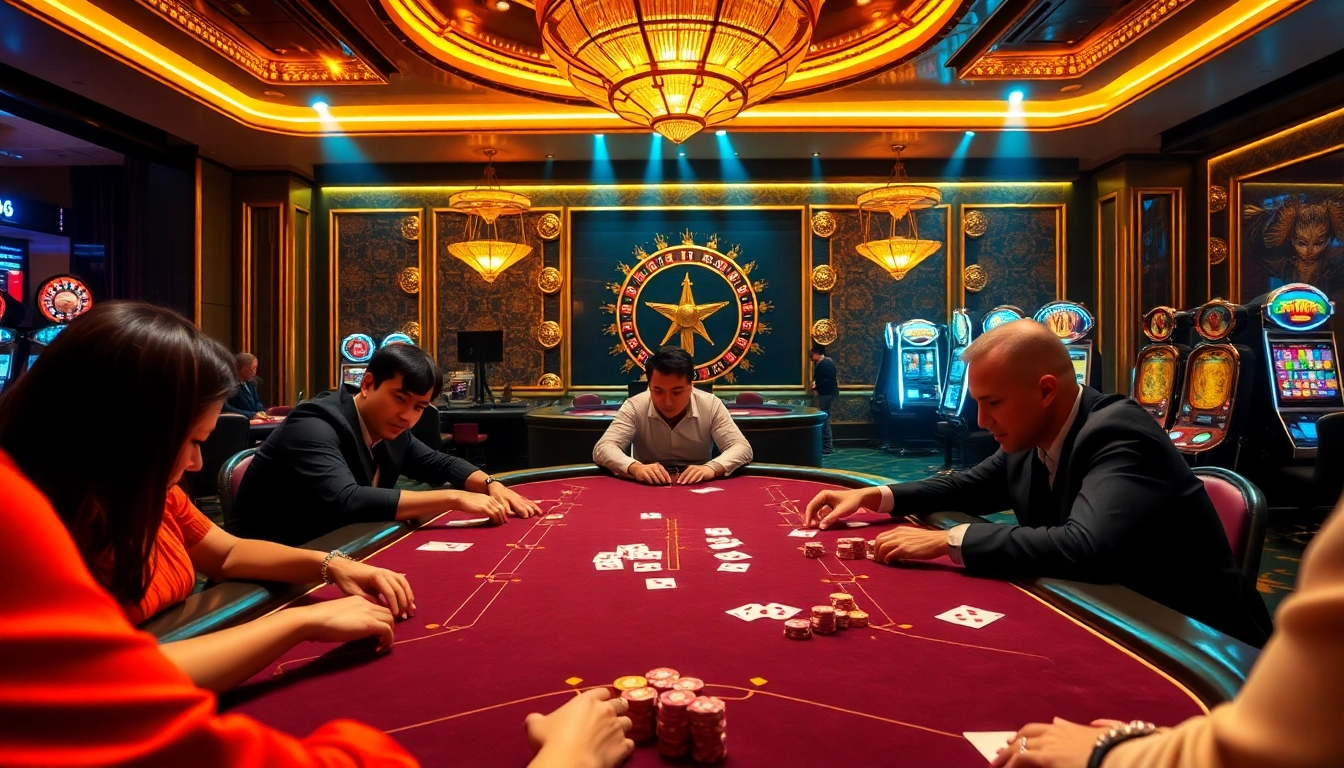 Exciting poker action at 68VIP casino with vibrant chips and opulent decor.