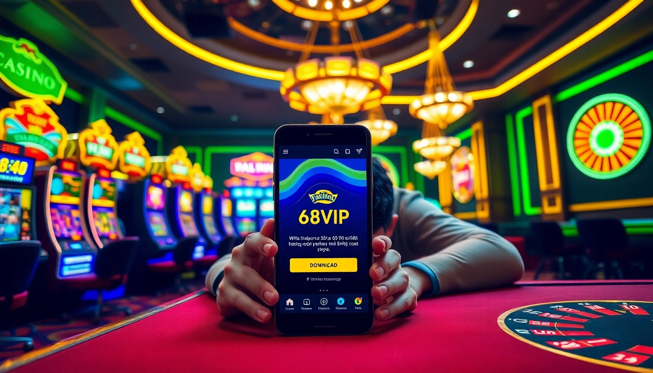 Tải App Nhà Cái 68VIP on a smartphone amidst luxurious casino elements like slot machines and poker tables.