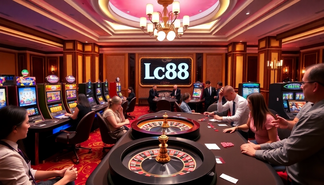 Excited players enjoying gaming action at lc88 casino tables featuring roulette and poker.