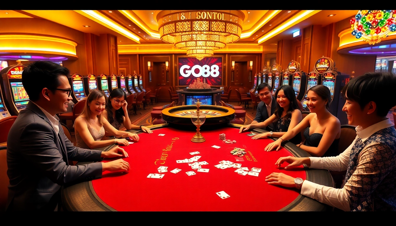 Engaged players winning big at GO88 poker tables in a vibrant casino atmosphere