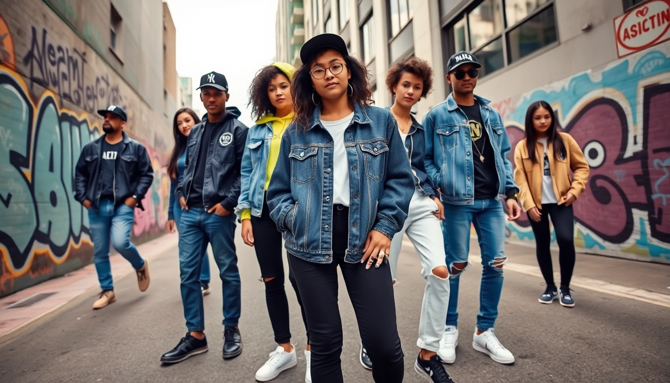 Stylish models in streetwear clothes pose in an urban setting with graffiti.