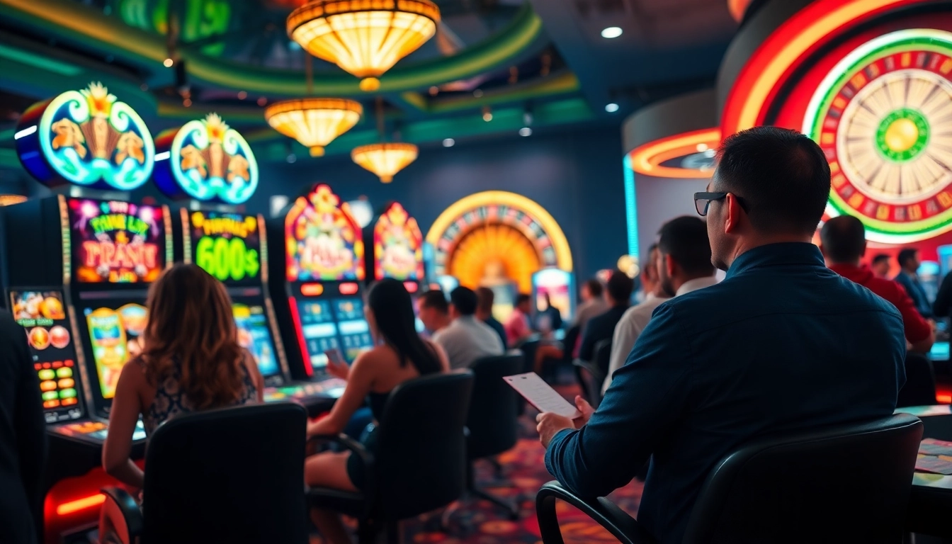 Keceriaan terjadi di area situs slot dengan mesin slot yang berwarna-warni dan pemain yang terlibat dalam pengalaman tersebut.