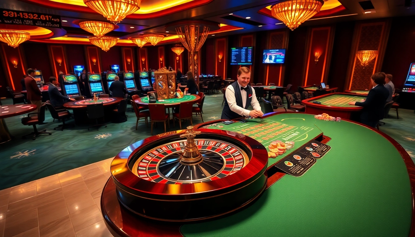 Gamblers at a vibrant casino scene featuring Nhà cái 33win with roulette and gaming tables.