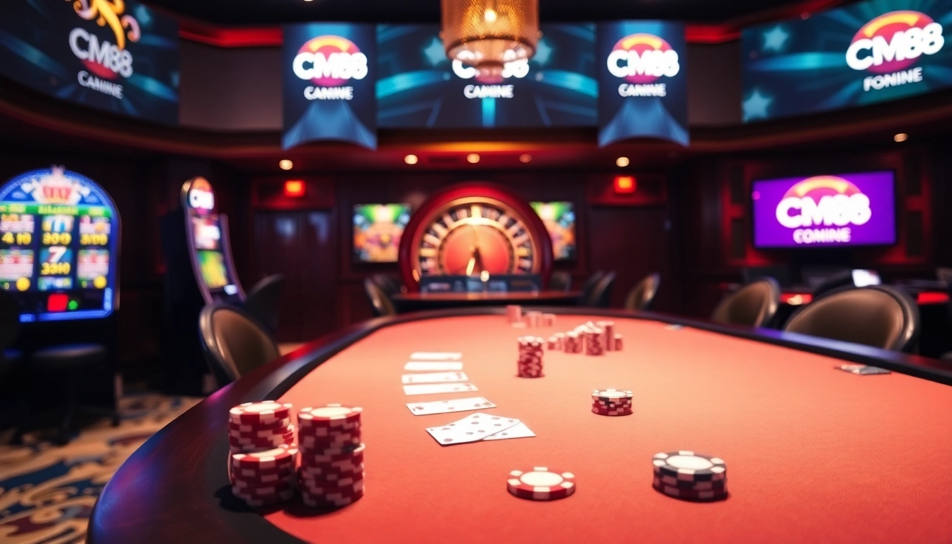 Experience the thrill of betting at CM88's glamorous casino table, showcasing poker action and excitement.