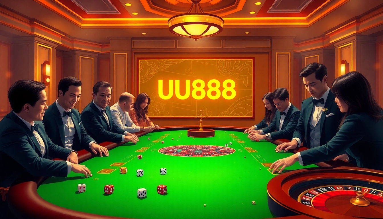 Exciting gameplay at UU888 casino with luxurious poker table and engaging players.