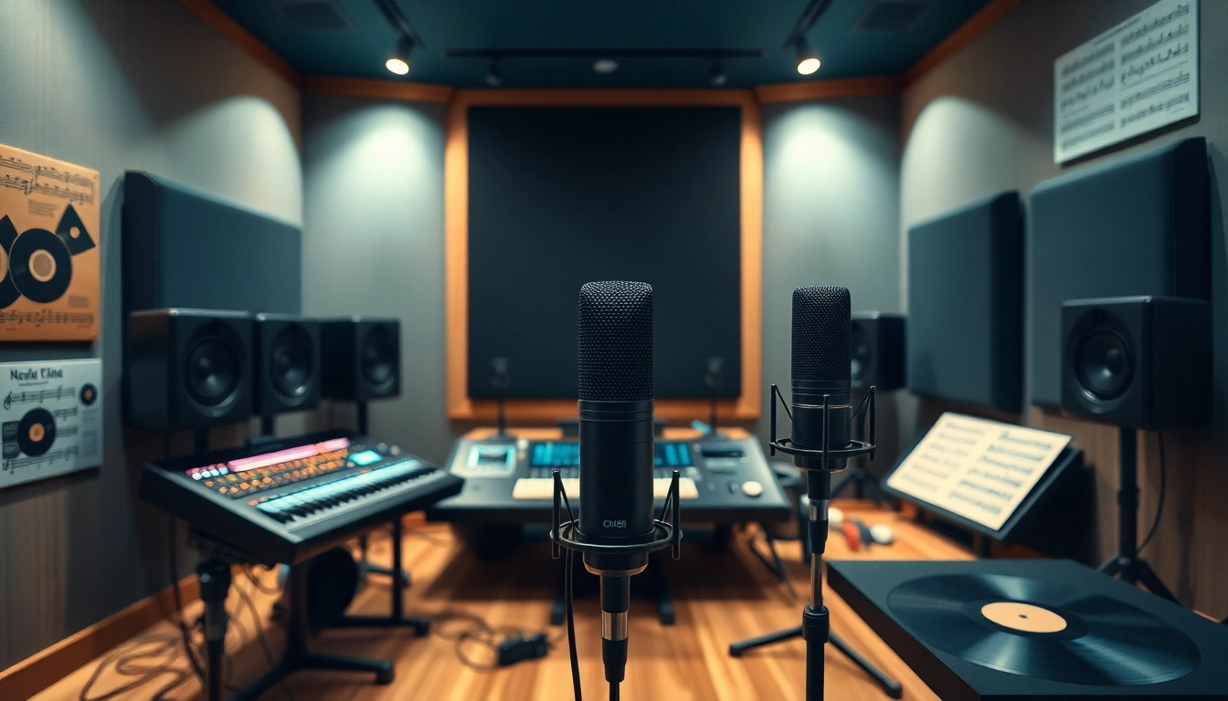 Professional music studio showcasing CM88 microphone and audio equipment.
