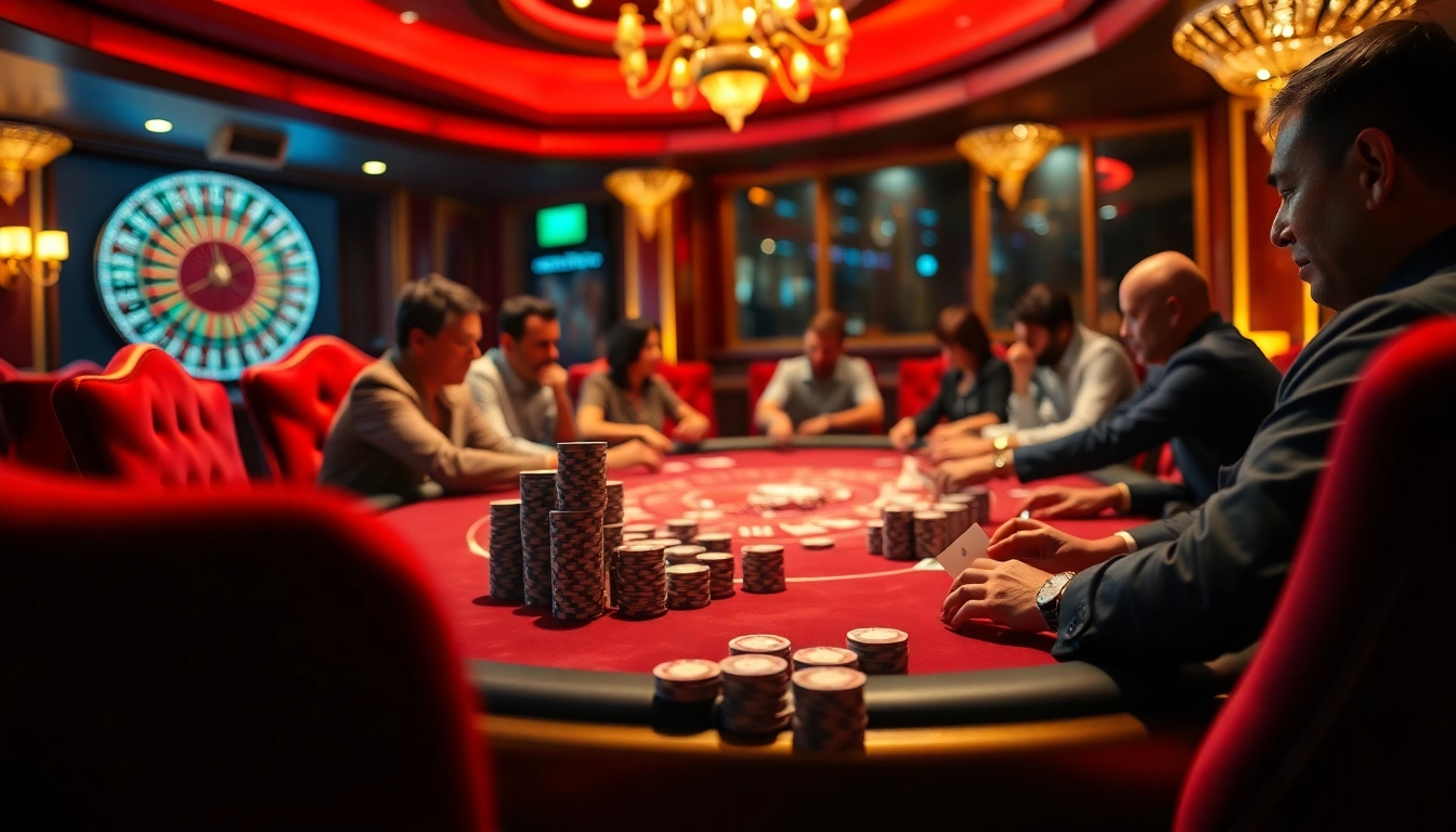 Players strategizing at a high-stakes poker table in a luxurious casino setting featuring CM8888 technology.