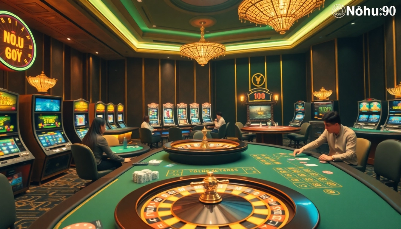 Experience thrilling online gaming at trang chủ nohu90 with casino tables and vibrant slot machines.