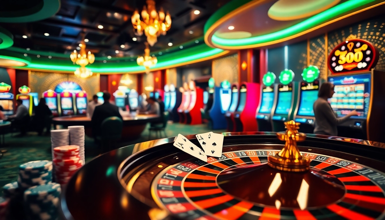 Excited gamblers engaging with casino games at https://e2bet-games.org featuring poker chips and slot machines.